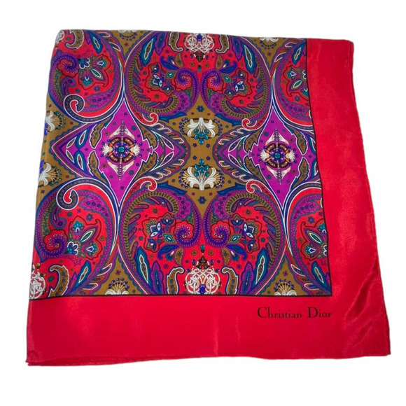 Christian Dior Vintage Paisley Pattern Scarf Multicolor Luxury 100% Silk - Picture 6 of 16